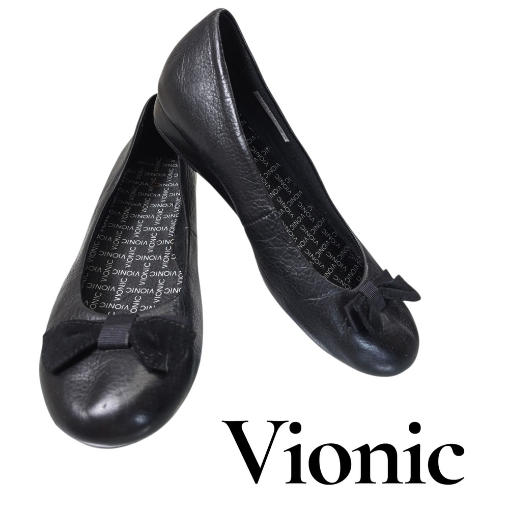 Vionic Black Leather Loafers with Bow